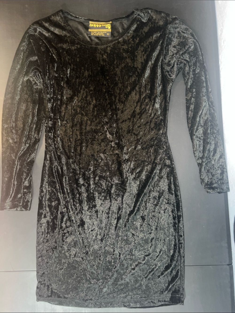 Crushed Velvet Long Sleeve Bodycon Dress - Black
